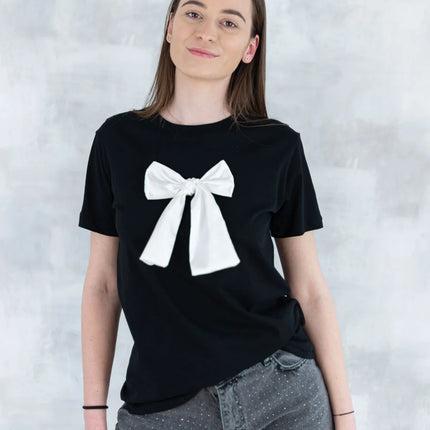 Tricou negru cu fundiță albă 12015-017 - NIZIA