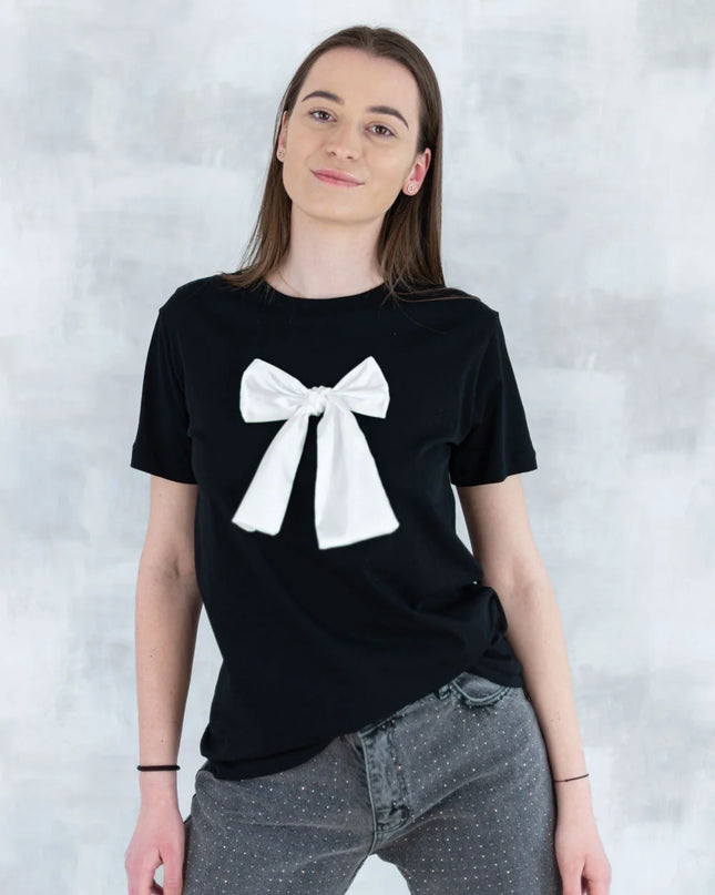 Tricou negru cu fundiță albă 12015-017 - NIZIA