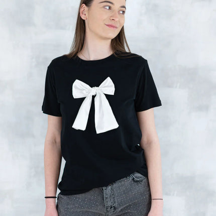 Tricou negru cu fundiță albă 12015-017 - NIZIA