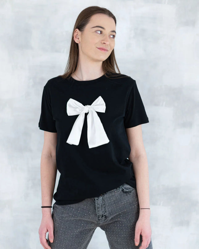 Tricou negru cu fundiță albă 12015-017 - NIZIA