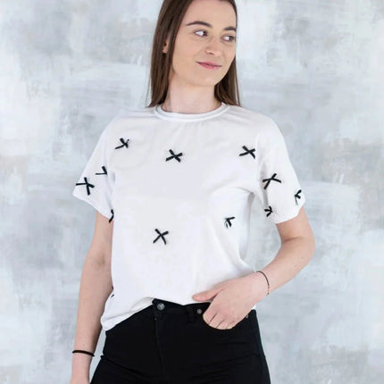 Tricou alb cu fundițe negre 12005-017 - NIZIA