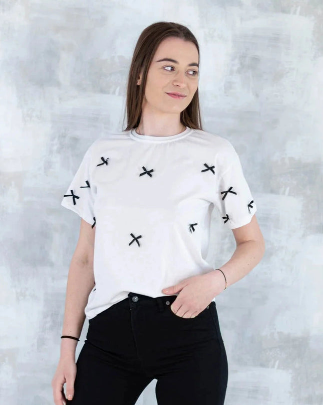 Tricou alb cu fundițe negre 12005-017 - NIZIA