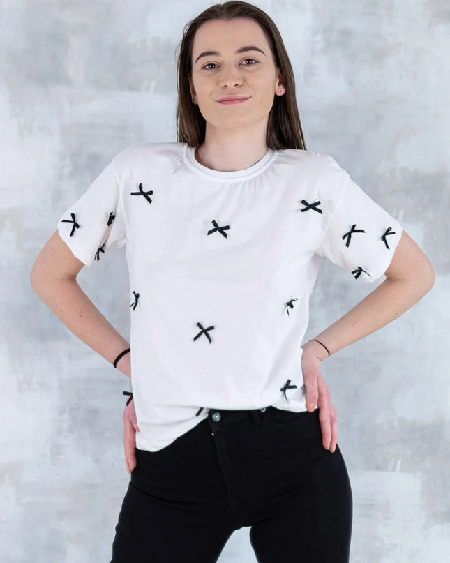 Tricou alb cu fundițe negre 12005-017 - NIZIA