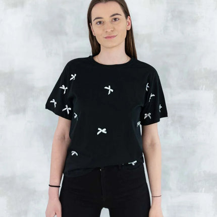 Tricou negru cu fundițe albe 12004-017 - NIZIA