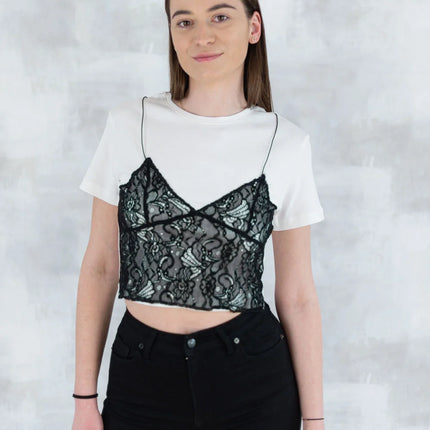 Tricou alb cu aplicații din dantelă 12026-017 - NIZIA