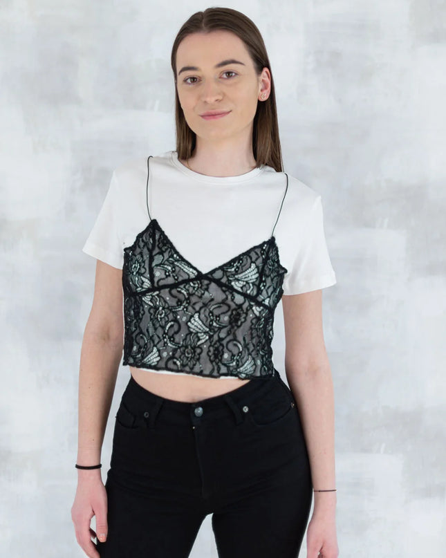 Tricou alb cu aplicații din dantelă 12026-017 - NIZIA