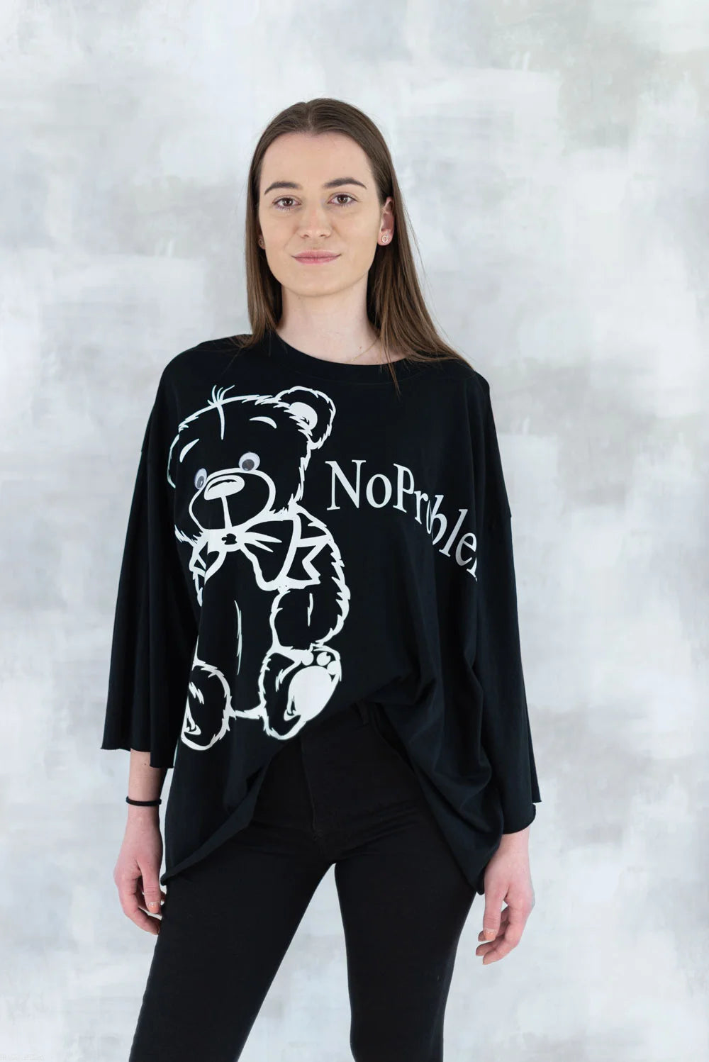 Bluză neagră imprimeu ursuleț 3001-007 - NIZIA