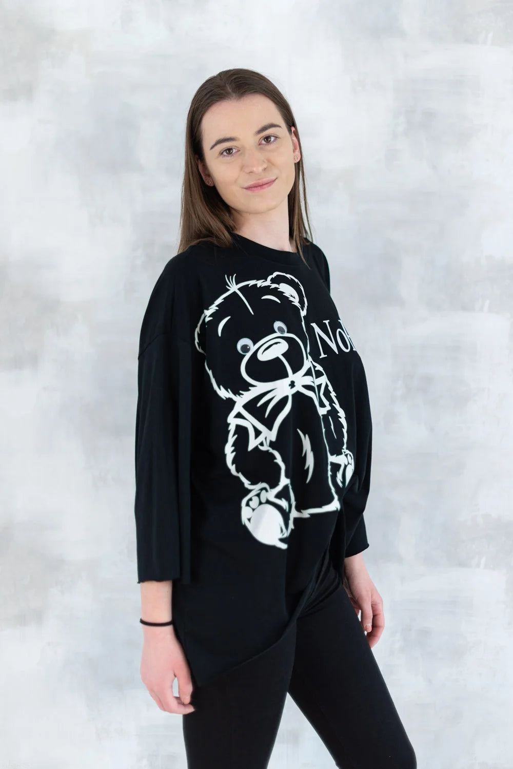 Bluză neagră imprimeu ursuleț 3001-007 - NIZIA