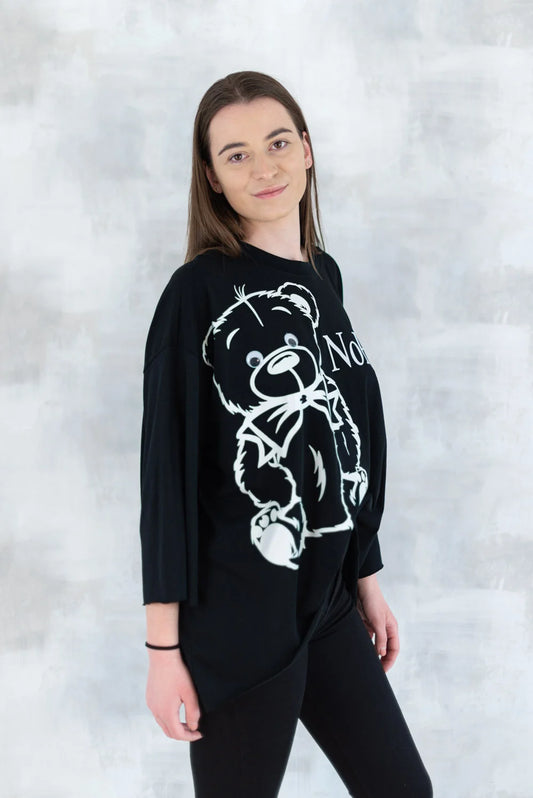 Bluză neagră imprimeu ursuleț 3001-007 - NIZIA