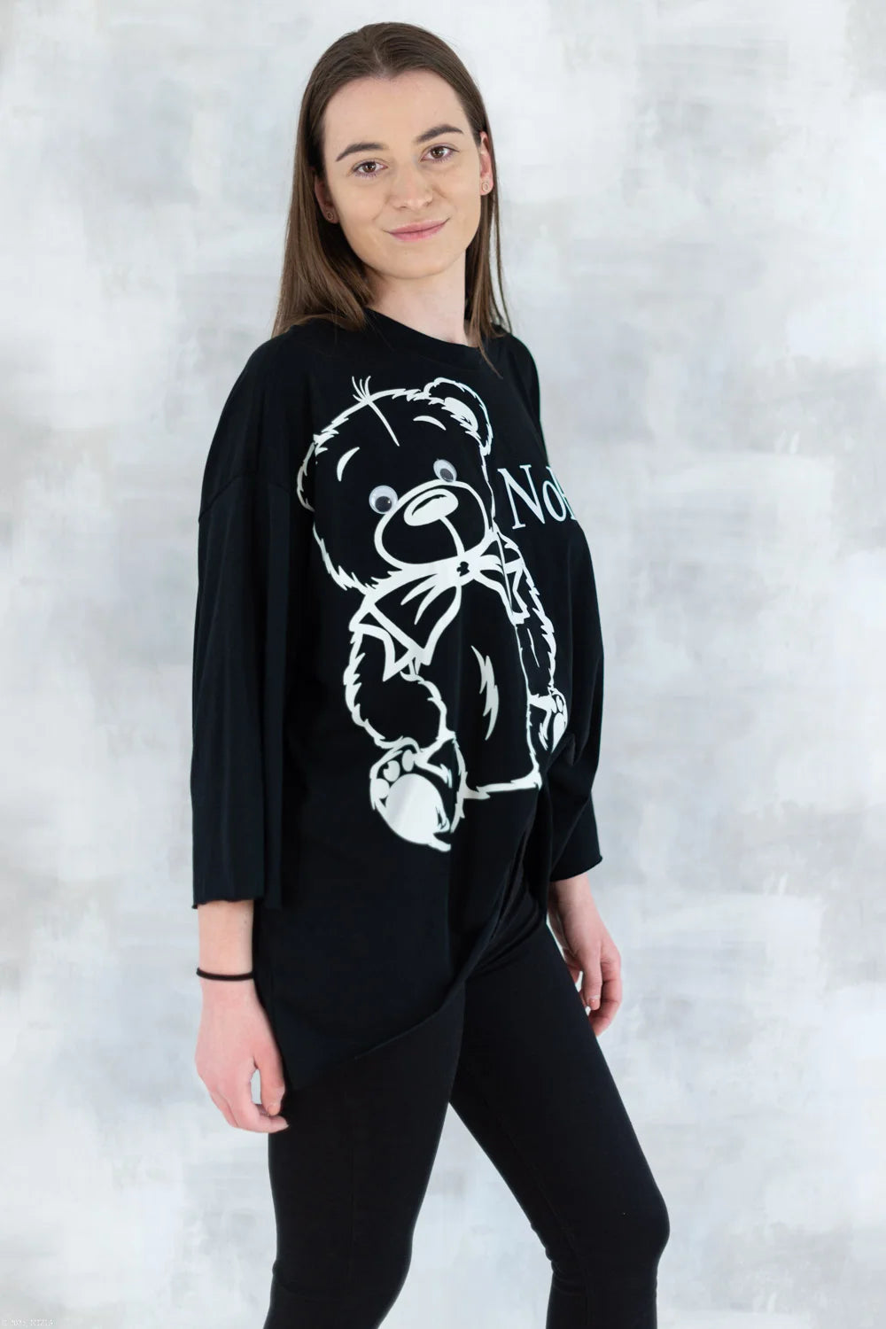 Bluză neagră imprimeu ursuleț 3001-007 - NIZIA