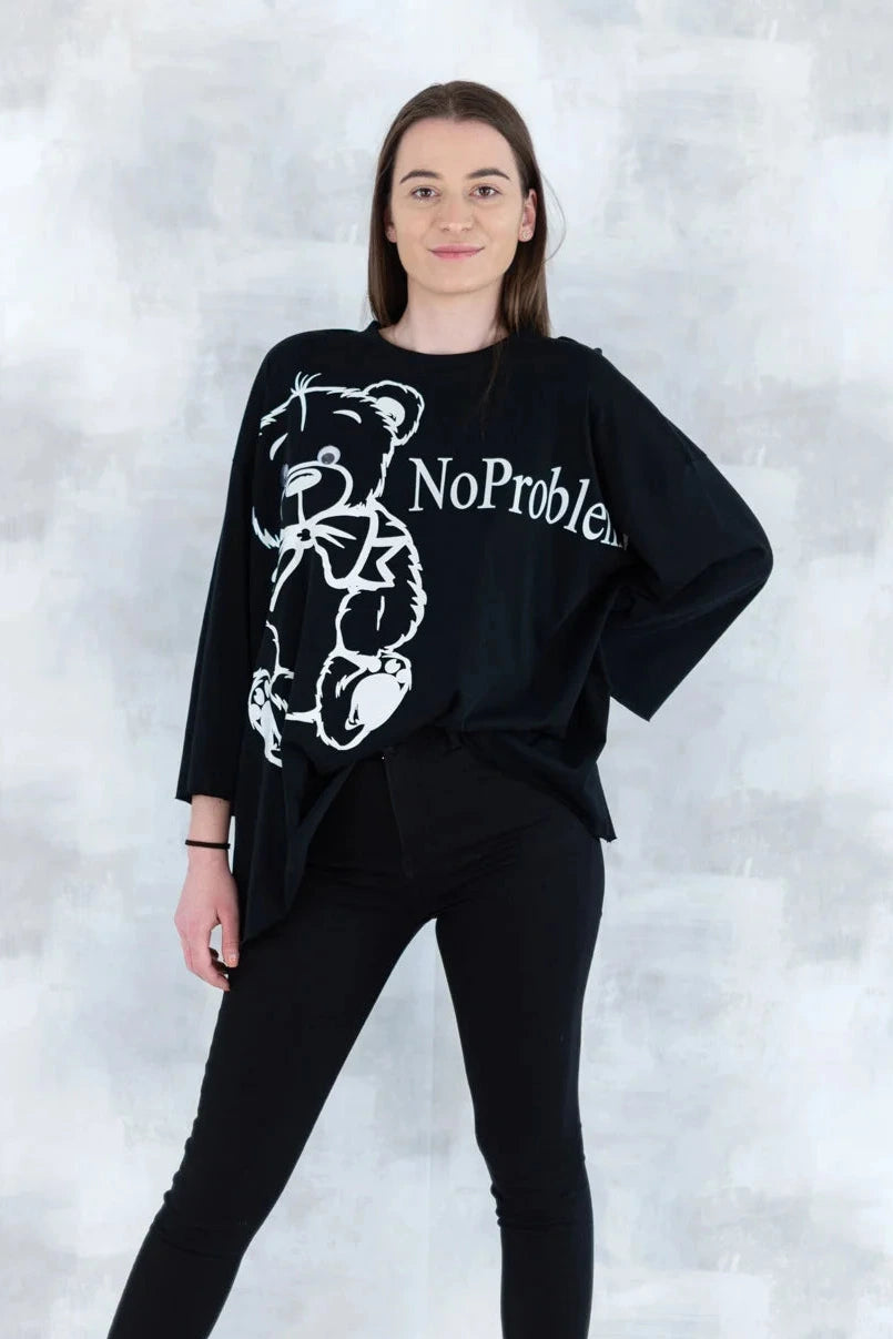 Bluză neagră imprimeu ursuleț 3001-007 - NIZIA