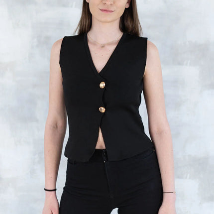 Vestă neagră elegantă cu nasturi aurii 11001-016 - NIZIA