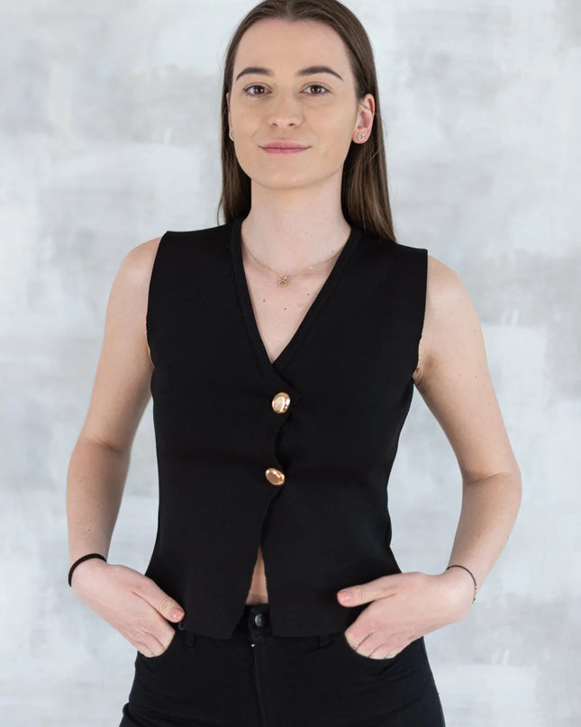 Vestă neagră elegantă cu nasturi aurii 11001-016 - NIZIA