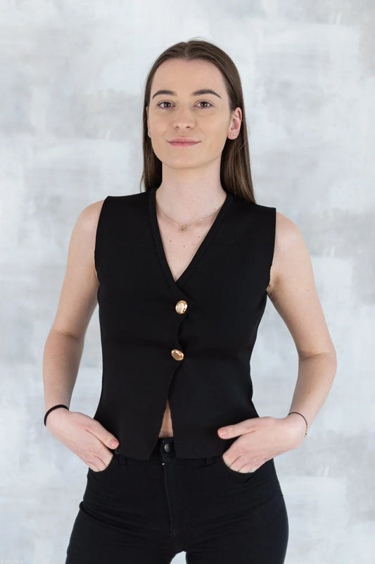 Vestă neagră elegantă cu nasturi aurii 11001-016 - NIZIA