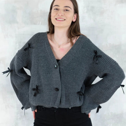 Cardigan chic cu fundițe aplicate-gri închis 4003-009 - NIZIA