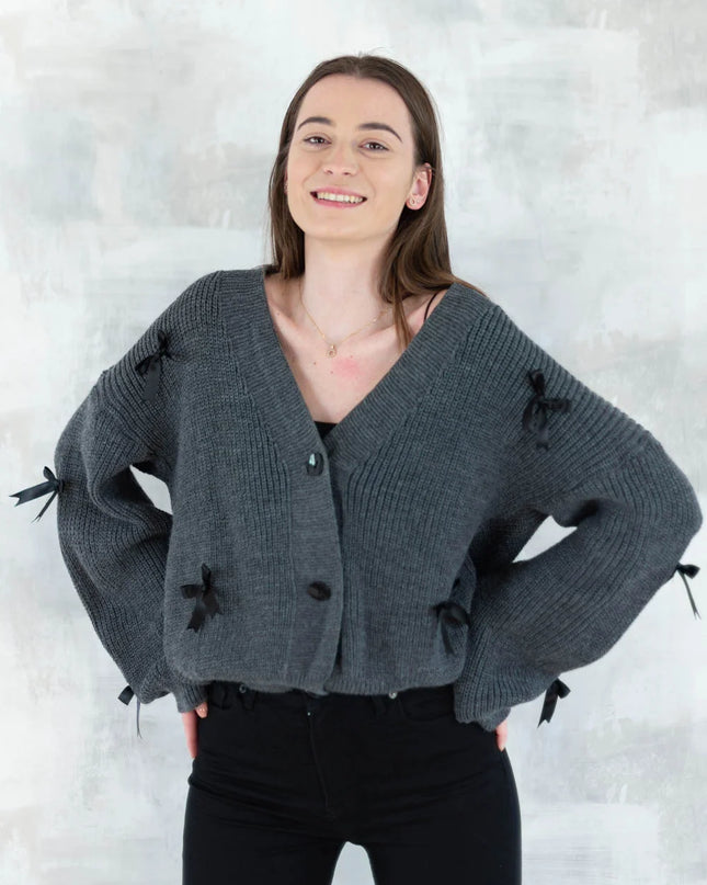 Cardigan chic cu fundițe aplicate-gri închis 4003-009 - NIZIA