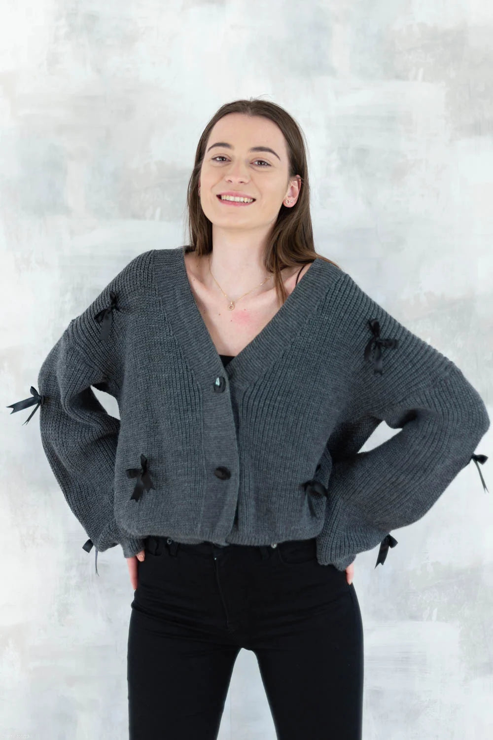 Cardigan chic cu fundițe aplicate-gri închis 4003-009 - NIZIA