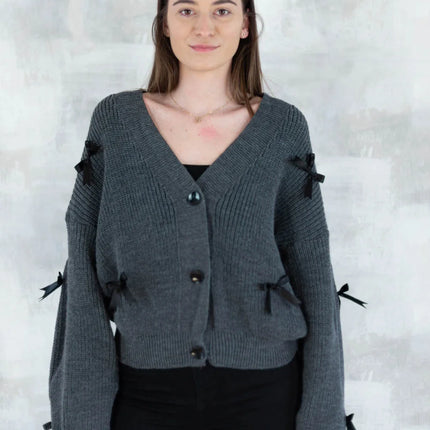 Cardigan chic cu fundițe aplicate-gri închis 4003-009 - NIZIA