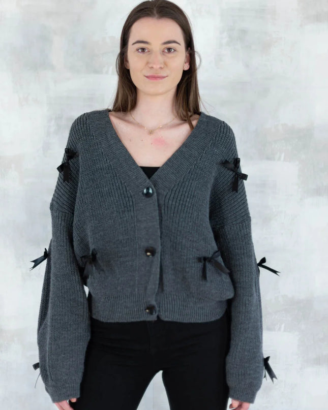 Cardigan chic cu fundițe aplicate-gri închis 4003-009 - NIZIA