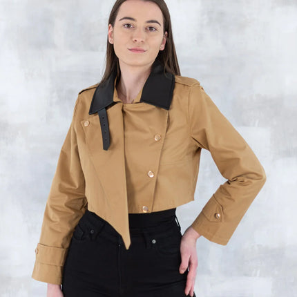 Jachetă scurtă camel cu guler negru 7009-012 - NIZIA