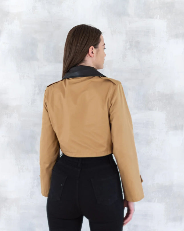 Jachetă scurtă camel cu guler negru 7009-012 - NIZIA