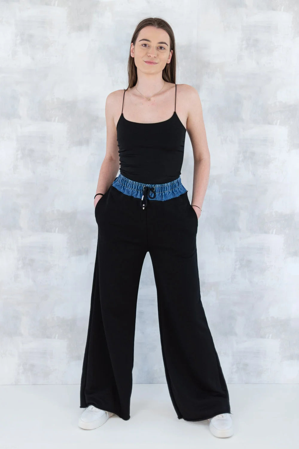 Pantaloni lejeri negri cu betelie denim 8001-013 - NIZIA