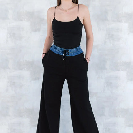 Pantaloni lejeri negri cu betelie denim 8001-013 - NIZIA