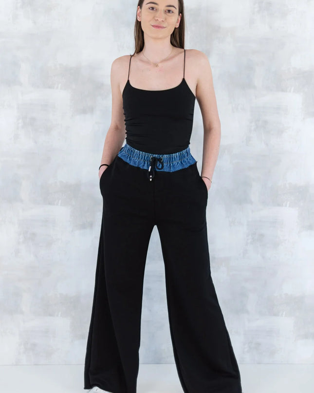 Pantaloni lejeri negri cu betelie denim 8001-013 - NIZIA