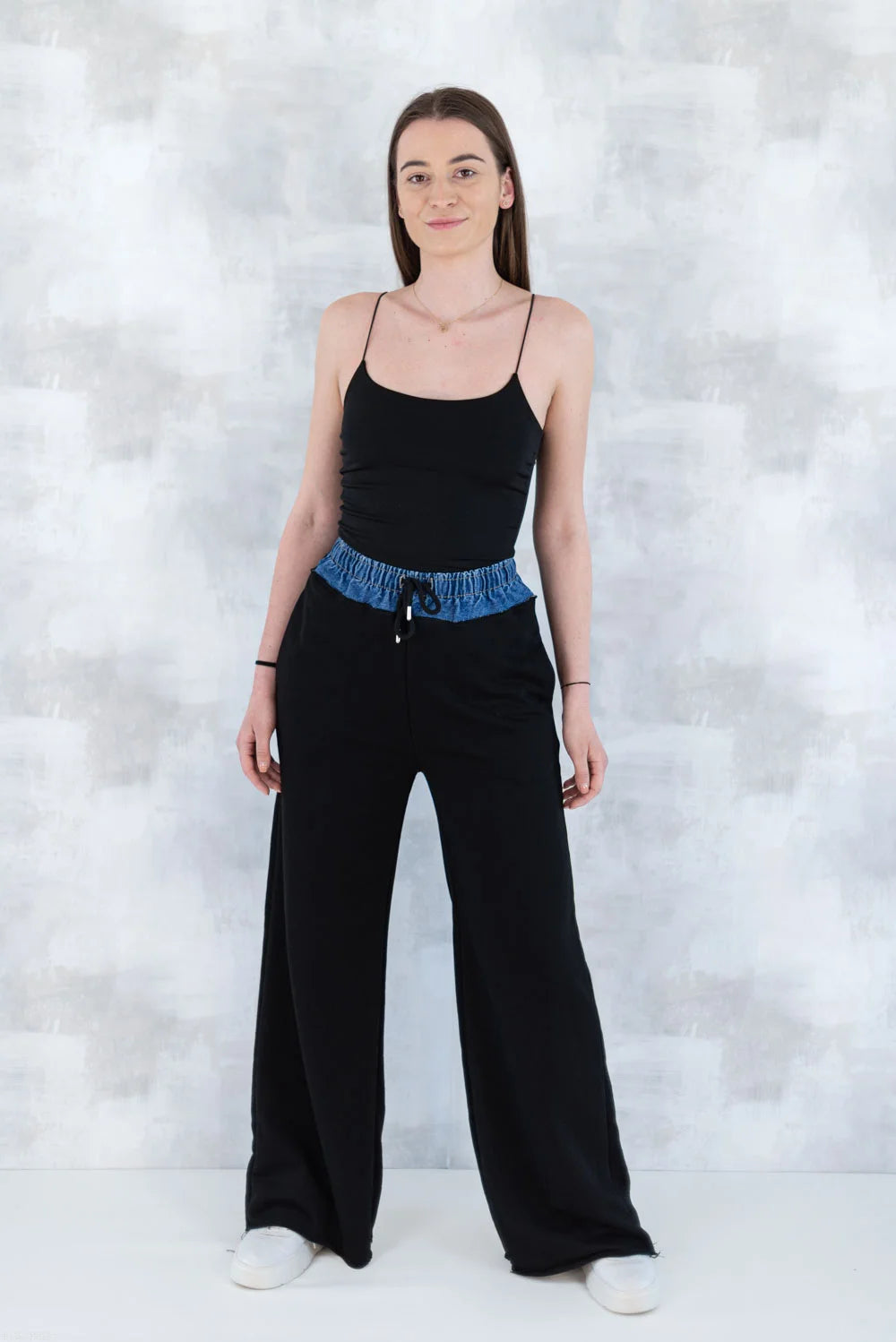 Pantaloni lejeri negri cu betelie denim 8001-013 - NIZIA