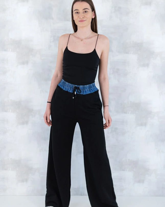 Pantaloni lejeri negri cu betelie denim 8001-013 - NIZIA