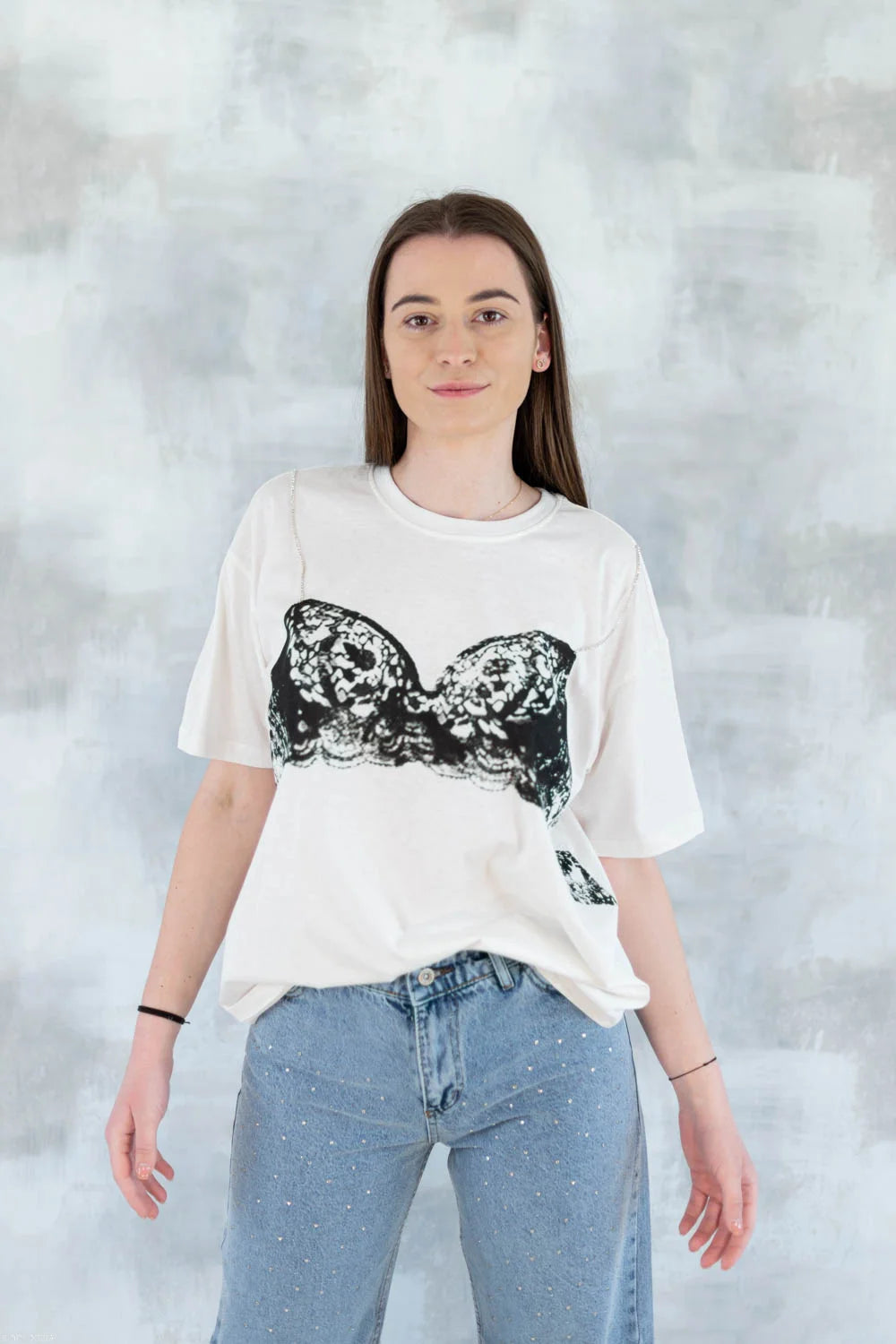 Tricou alb cu imprimeu corset și bretele din pietre aplicate 12009-017 - NIZIA