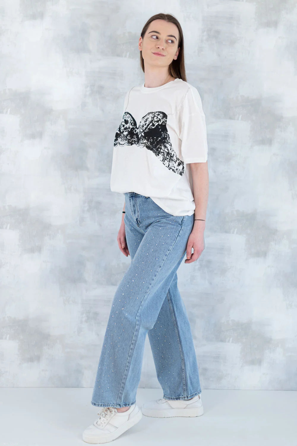 Tricou alb cu imprimeu corset și bretele din pietre aplicate 12009-017 - NIZIA