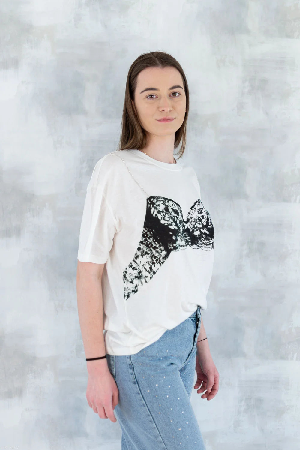 Tricou alb cu imprimeu corset și bretele din pietre aplicate 12009-017 - NIZIA