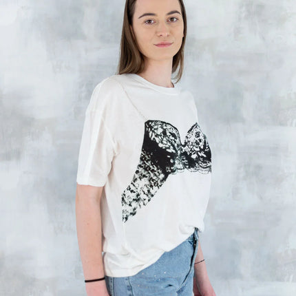 Tricou alb cu imprimeu corset și bretele din pietre aplicate 12009-017 - NIZIA
