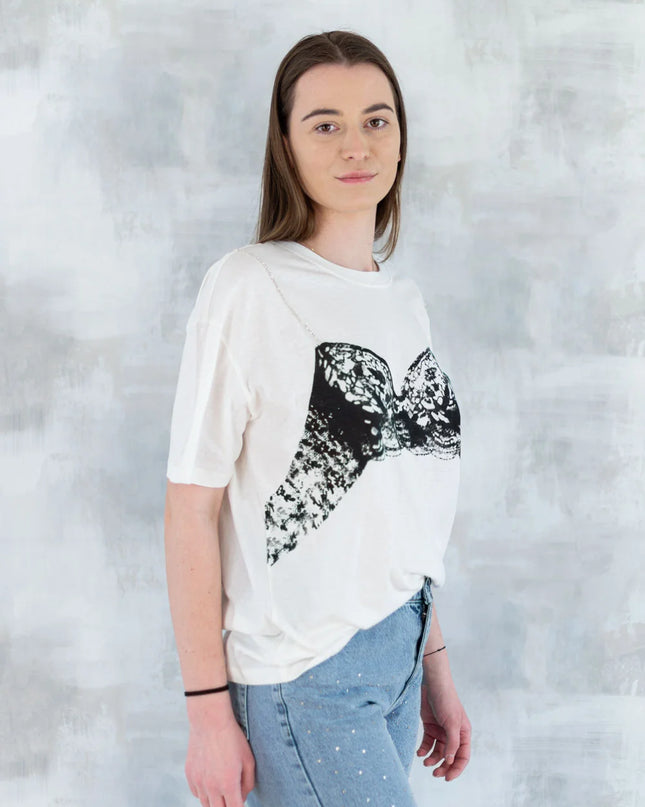 Tricou alb cu imprimeu corset și bretele din pietre aplicate 12009-017 - NIZIA