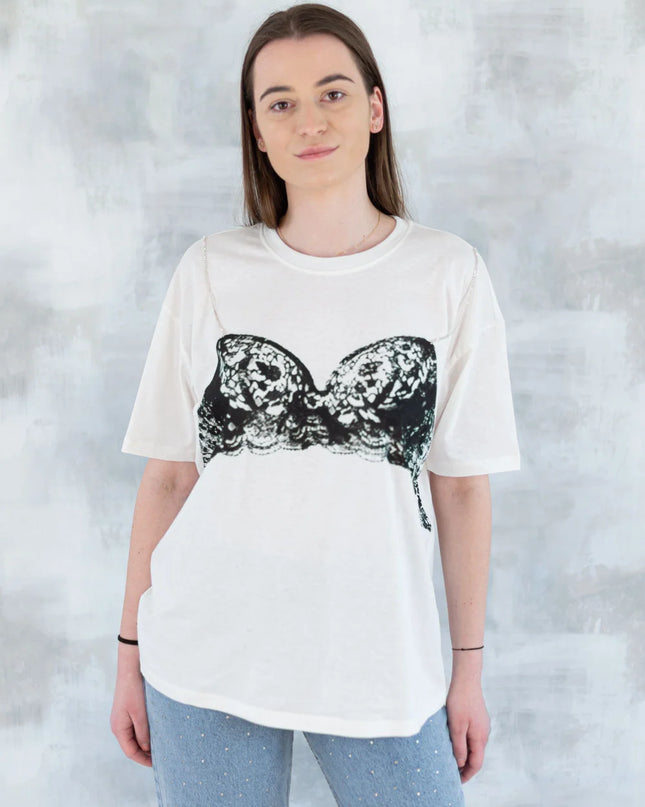 Tricou alb cu imprimeu corset și bretele din pietre aplicate 12009-017 - NIZIA