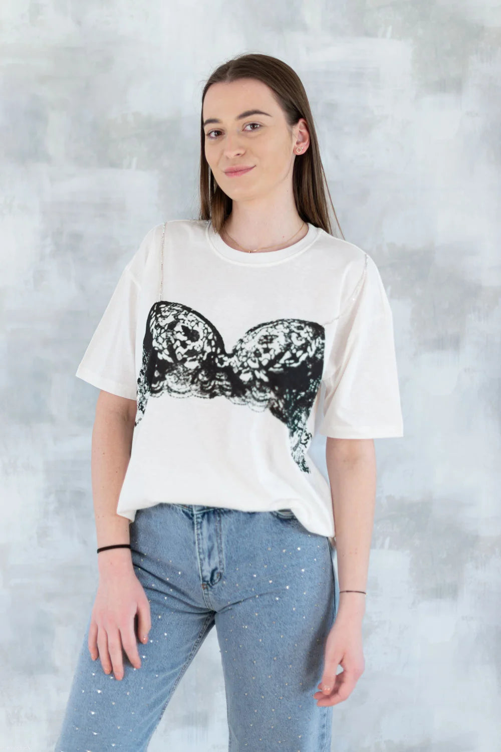 Tricou alb cu imprimeu corset și bretele din pietre aplicate 12009-017 - NIZIA