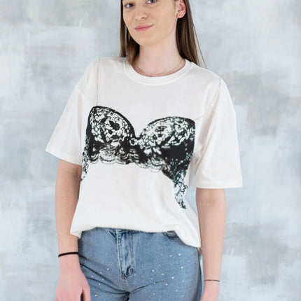 Tricou alb cu imprimeu corset și bretele din pietre aplicate 12009-017 - NIZIA