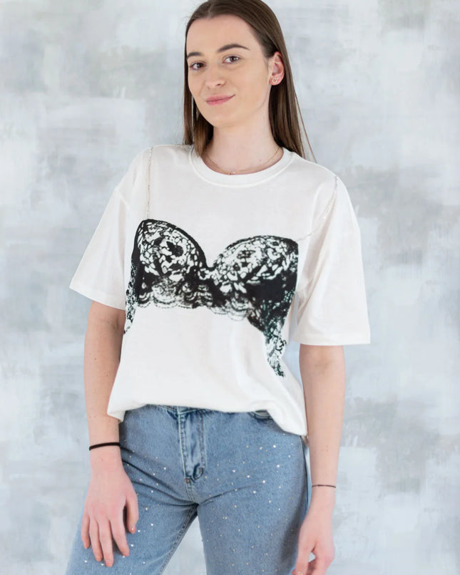 Tricou alb cu imprimeu corset și bretele din pietre aplicate 12009-017 - NIZIA