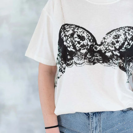 Tricou alb cu imprimeu corset și bretele din pietre aplicate 12009-017 - NIZIA