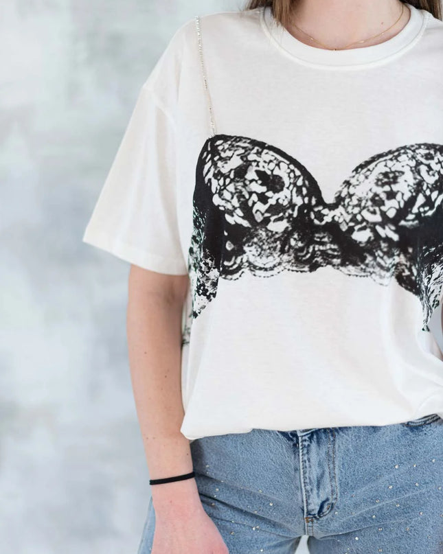 Tricou alb cu imprimeu corset și bretele din pietre aplicate 12009-017 - NIZIA