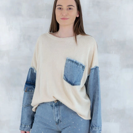 Bluză bej cu detalii denim 2001-007 - NIZIA