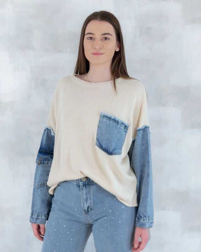 Bluză bej cu detalii denim 2001-007 - NIZIA