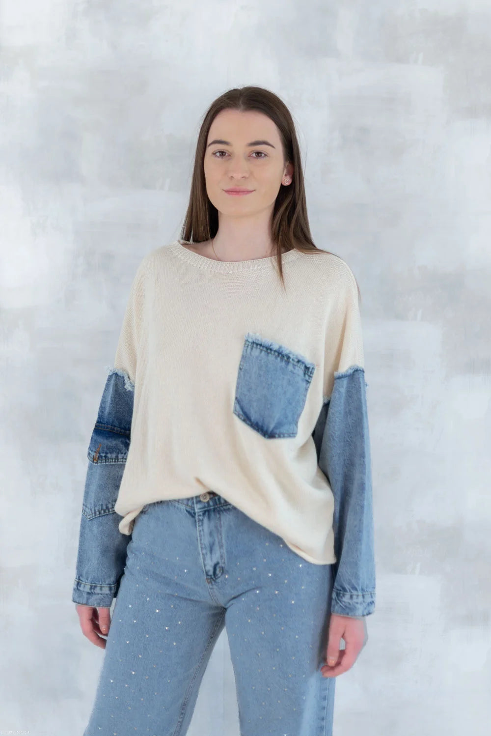 Bluză bej cu detalii denim 2001-007 - NIZIA