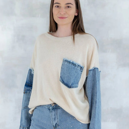 Bluză bej cu detalii denim 2001-007 - NIZIA