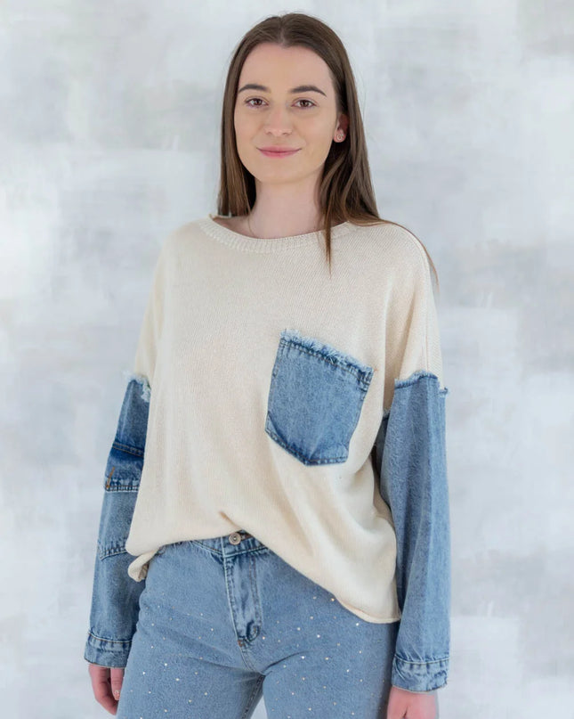 Bluză bej cu detalii denim 2001-007 - NIZIA