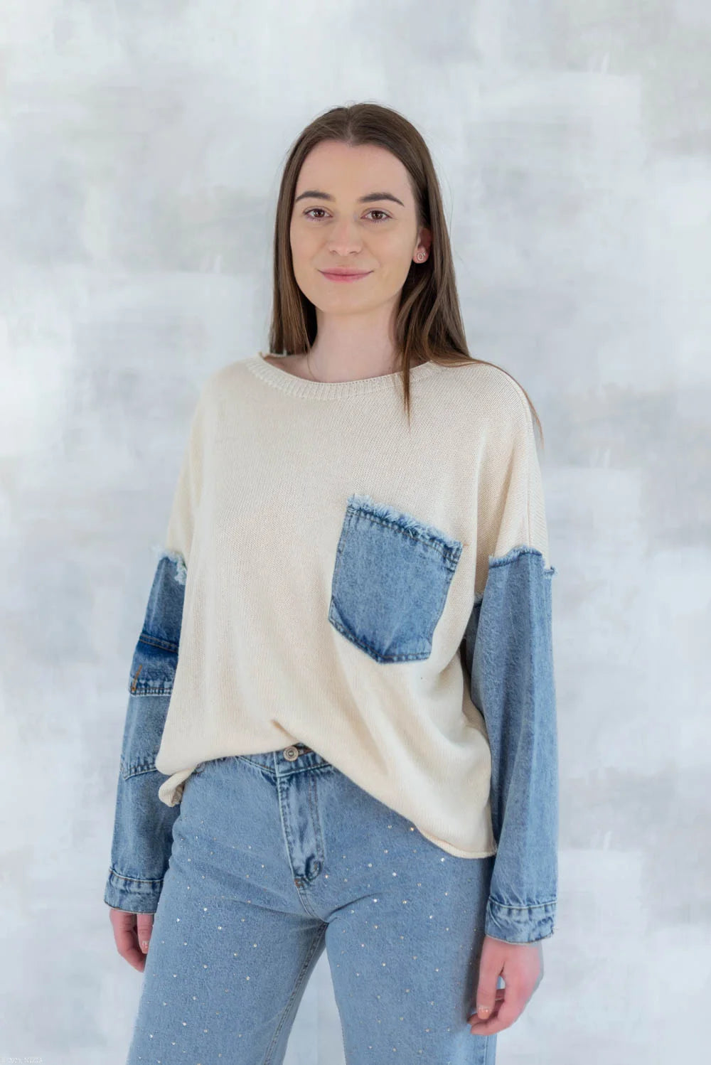 Bluză bej cu detalii denim 2001-007 - NIZIA