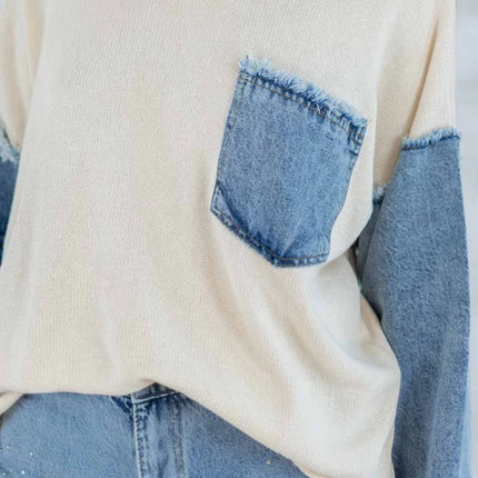 Bluză bej cu detalii denim 2001-007 - NIZIA