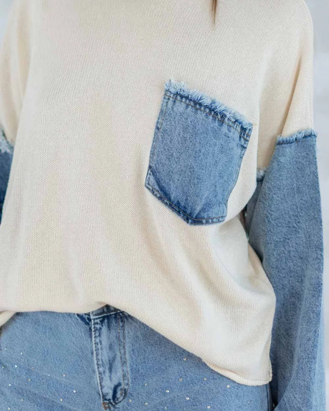 Bluză bej cu detalii denim 2001-007 - NIZIA