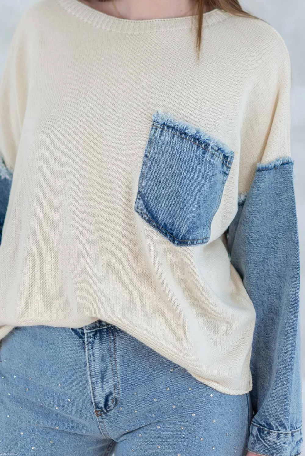 Bluză bej cu detalii denim 2001-007 - NIZIA